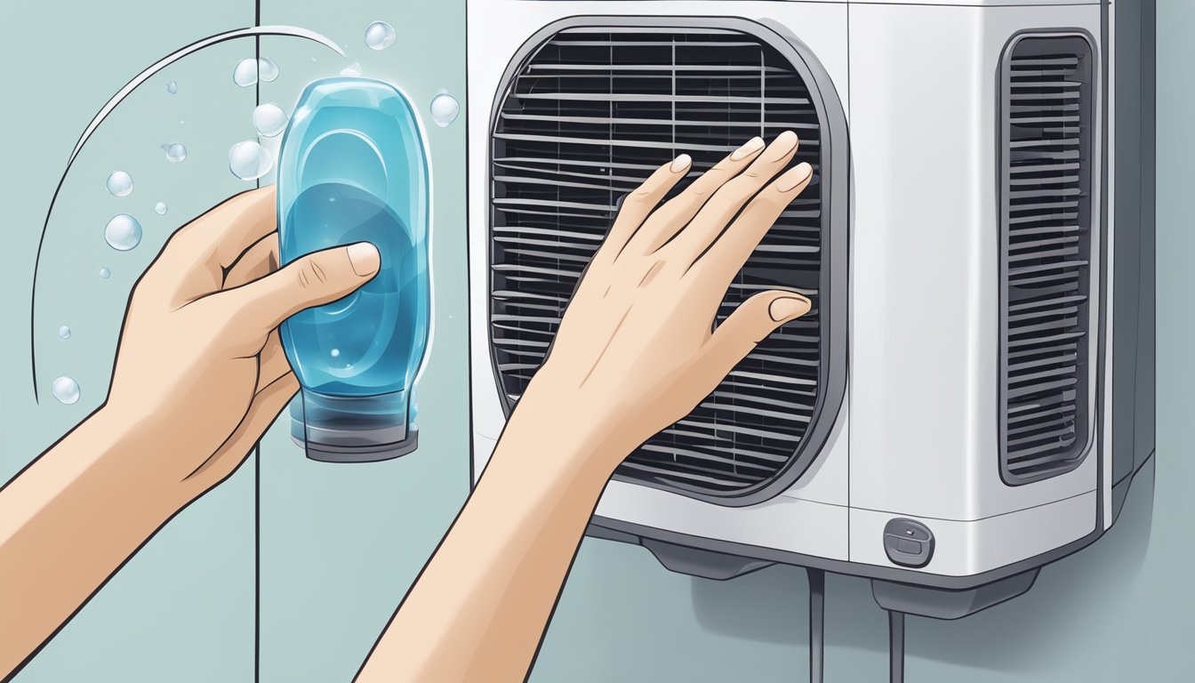 A hand reaches out to adjust the settings on an evaporative air cooler, with a fan blowing cool air and water droplets visible in the air