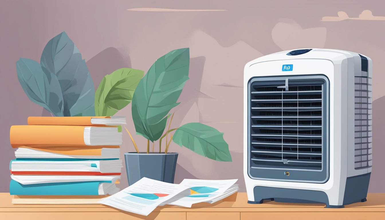 An evaporative air cooler sitting on a table with a stack of FAQ papers next to it. The cooler emits a cool breeze, while the papers showcase common questions about its usage