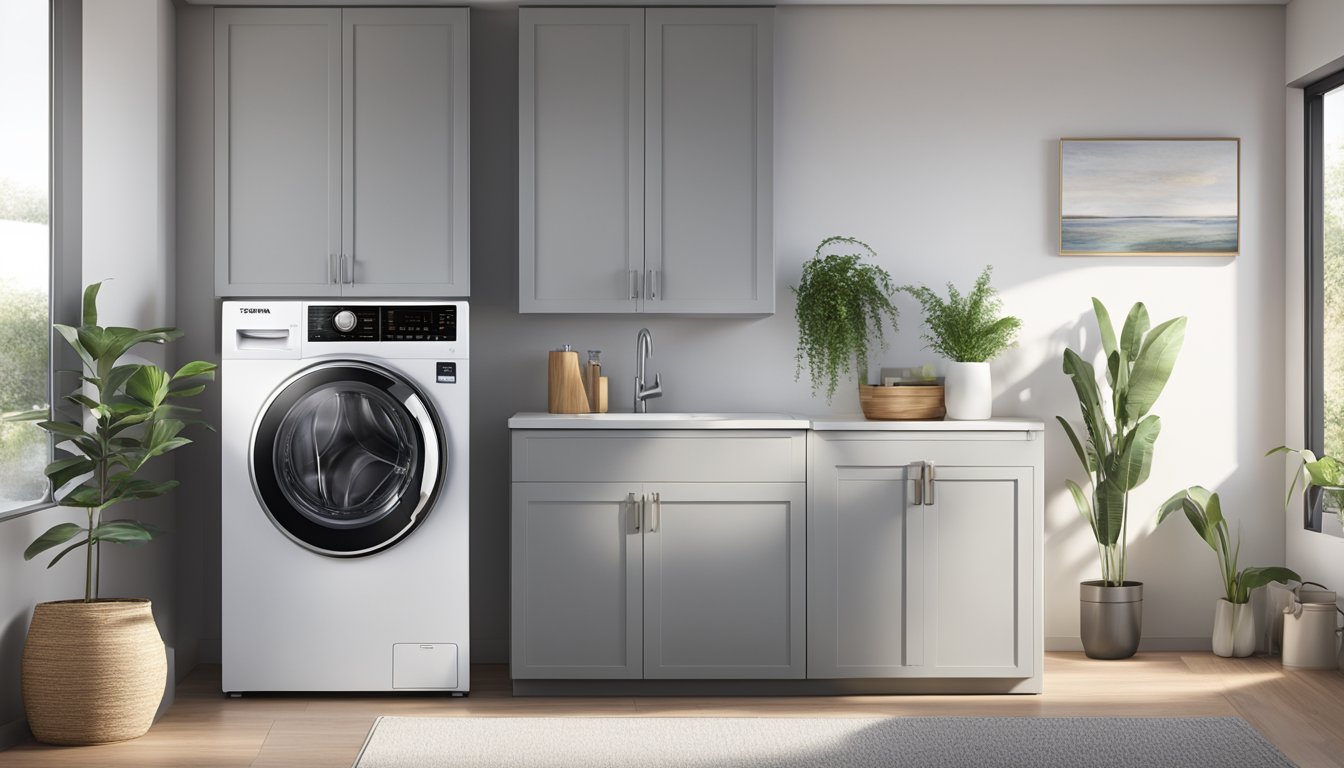 A Toshiba washing machine sits in a bright, modern laundry room. Its sleek design and digital display catch the eye, while the door is open to reveal a stainless steel drum inside