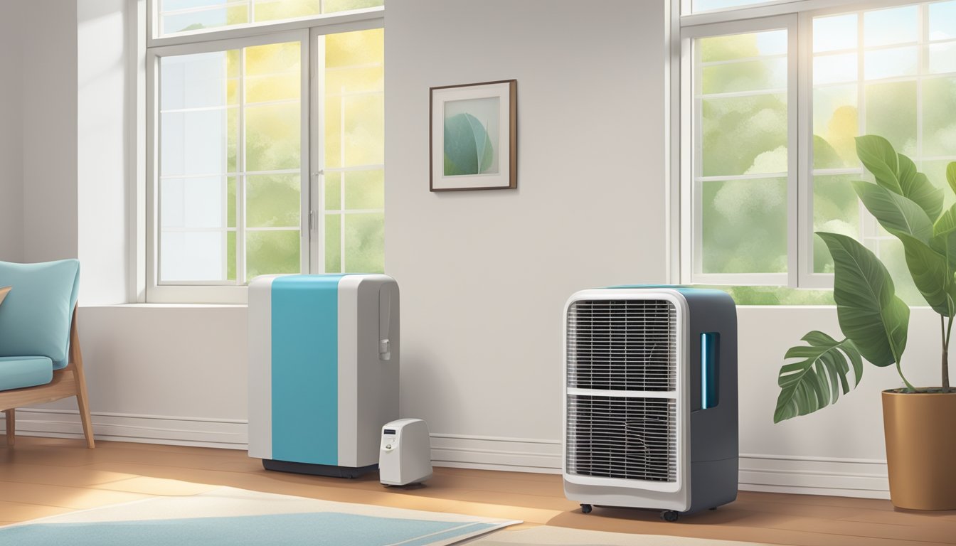 A room with a portable air cooler placed by an open window, blowing cool air into the room on a hot summer day