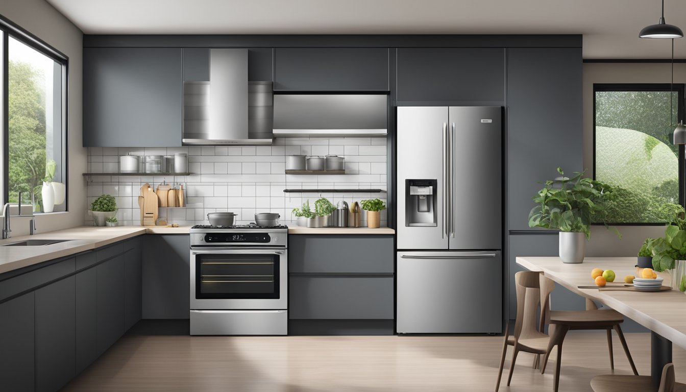 A modern kitchen with a sleek stainless steel refrigerator displaying a digital screen with the text "Frequently Asked Questions refrigerator price Singapore."
