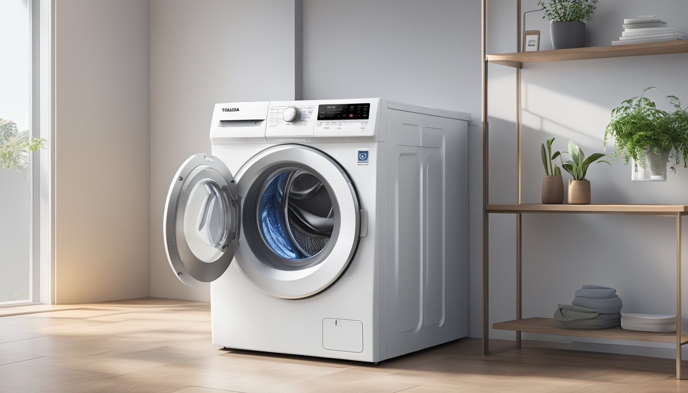 A Toshiba washing machine sits against a clean, white wall. The machine's sleek design and digital display are prominent, with various buttons and settings visible