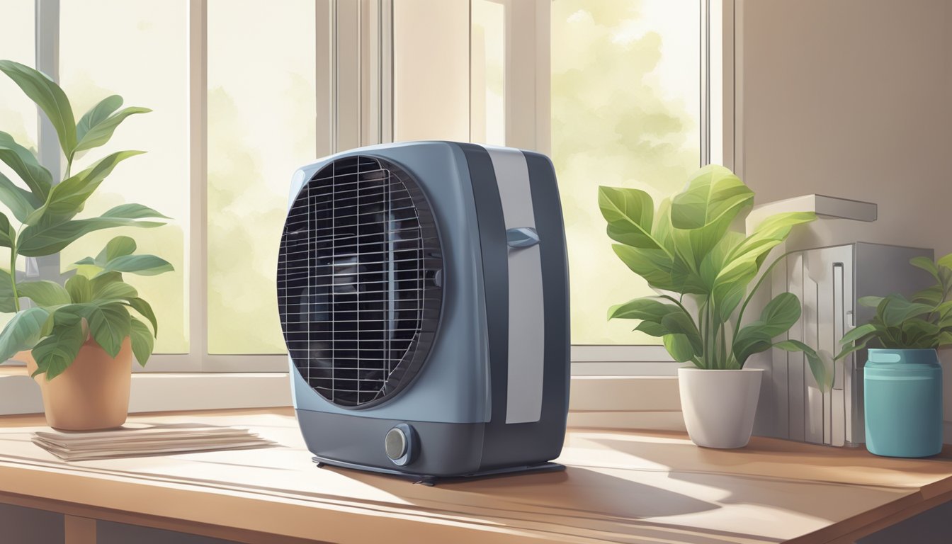 An air cooler sits on a table with a gentle breeze blowing through an open window, cooling the room on a hot summer day