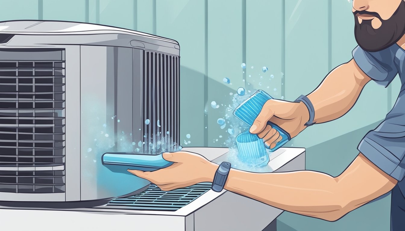 A hand holding a brush cleans the air cooler's filter. Another hand pours water into the tank. A third hand adjusts the fan speed