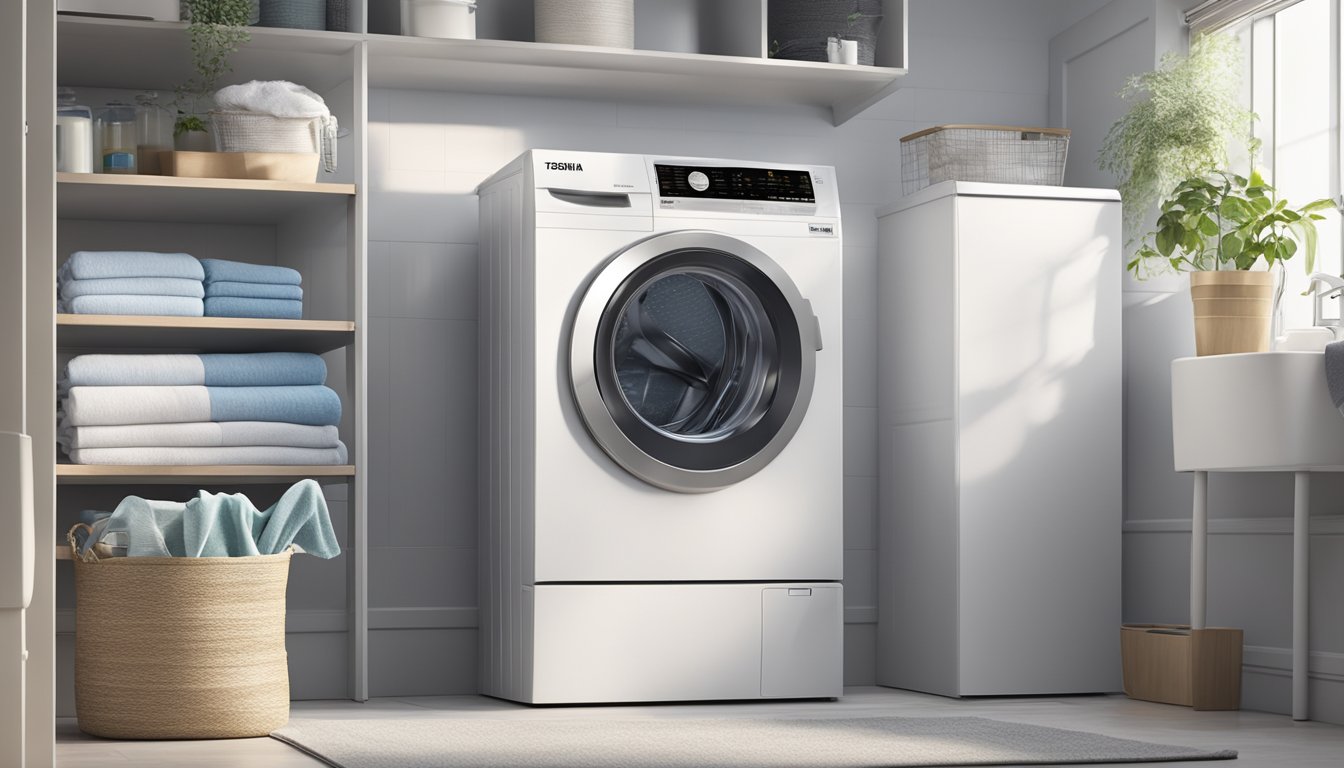 A modern Toshiba washing machine sits in a clean, well-lit laundry room. It has a sleek design and a digital display. The machine is surrounded by laundry detergent and fabric softener, ready for use