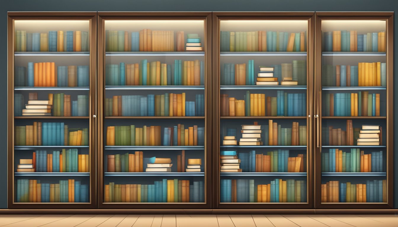 Bookshelves with glass doors stand against the wall