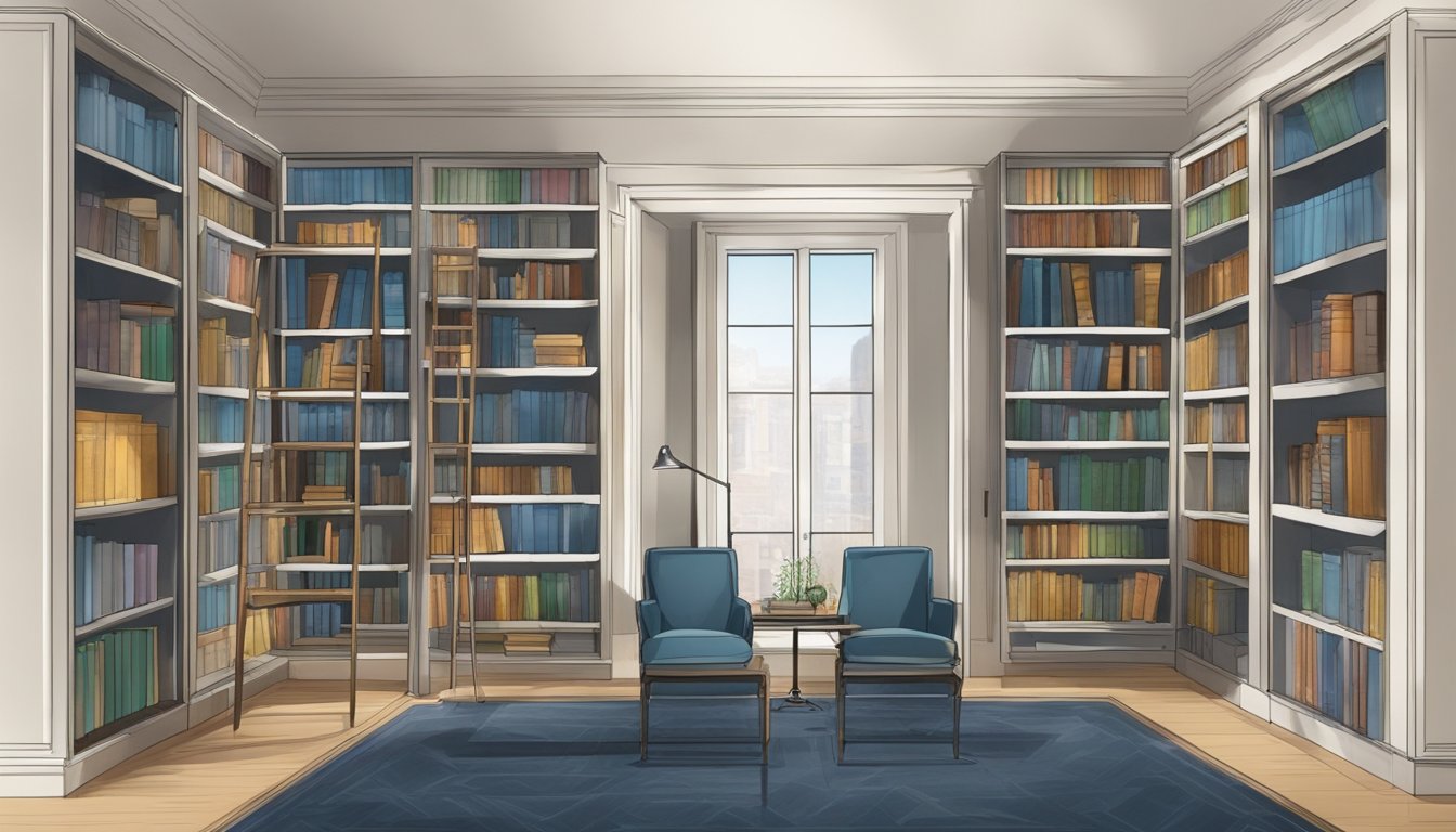 A room with built-in bookshelves, featuring glass doors to showcase the books and decor inside. The shelves are neatly organized and blend seamlessly with the surrounding wall