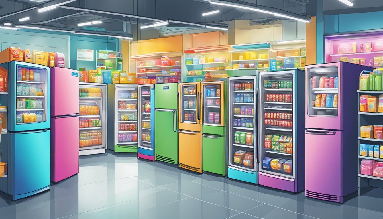 A colorful refrigerator stands center stage in a bustling Singapore electronics store, surrounded by bright promotional signs and eager customers