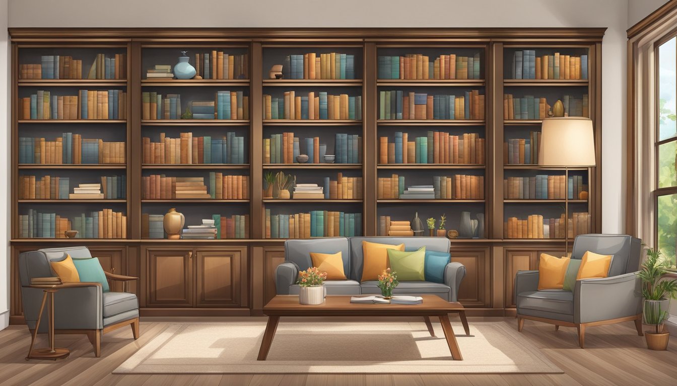 Built-in bookshelves with glass doors in a cozy living room, a home office, and a library. Each shelf is neatly organized with books and decorative items