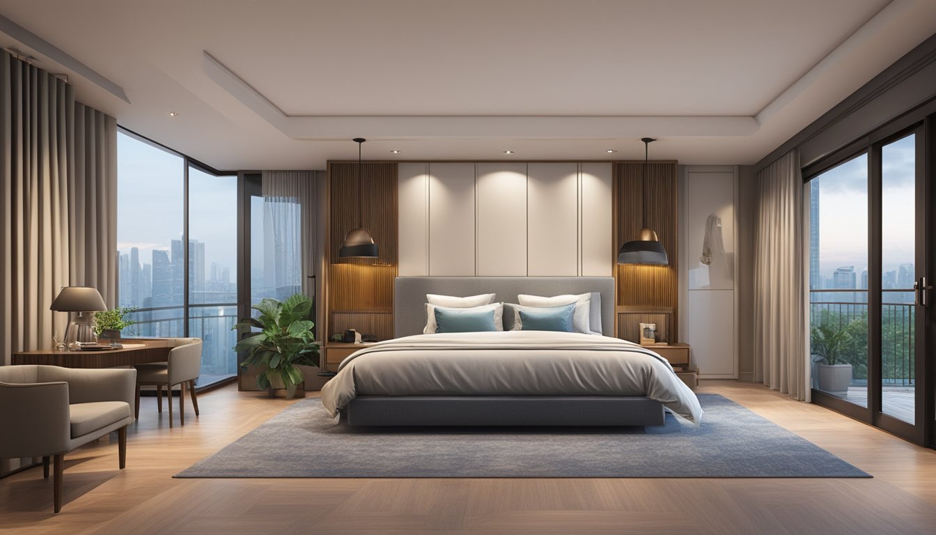 A king-size bed (183cm x 203cm) dominates a spacious bedroom in Singapore, with luxurious linens and plush pillows