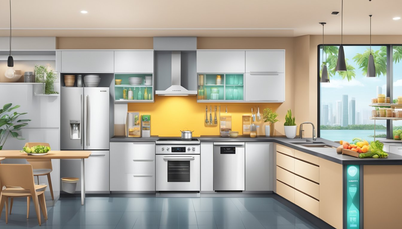 A bright, modern kitchen with a sleek refrigerator prominently displayed, surrounded by promotional signs and banners advertising the latest deals in Singapore