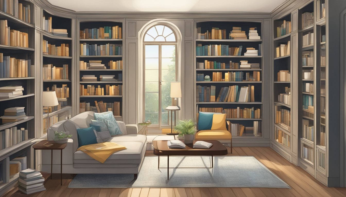 A room with built-in bookshelves, glass doors, and neatly organized books and decorative items