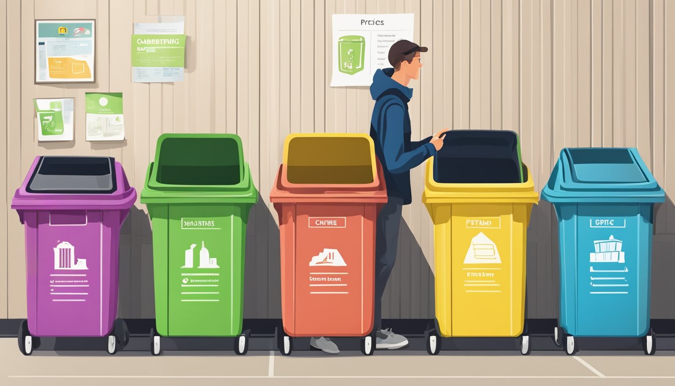 A person standing in front of various types of dustbins, comparing sizes and materials. Labels and prices are visible
