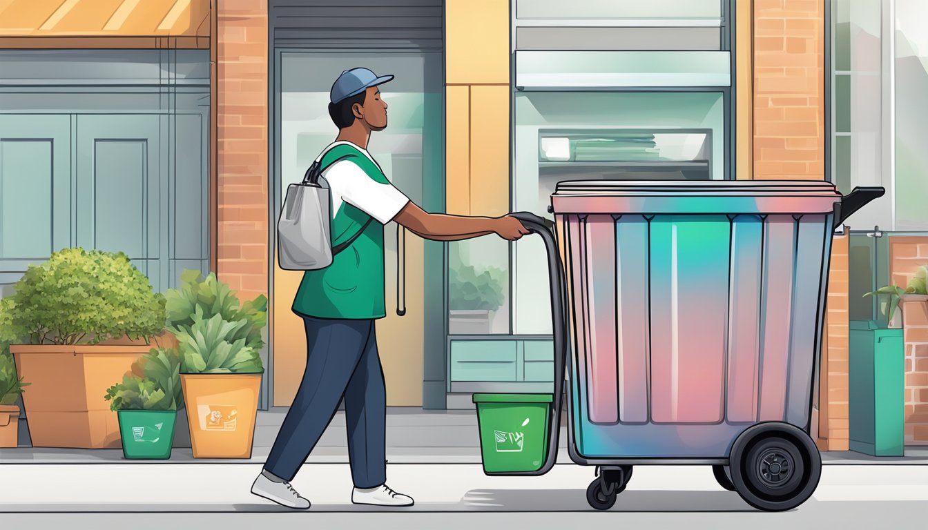 A hand places a smart waste management dustbin into a shopping cart
