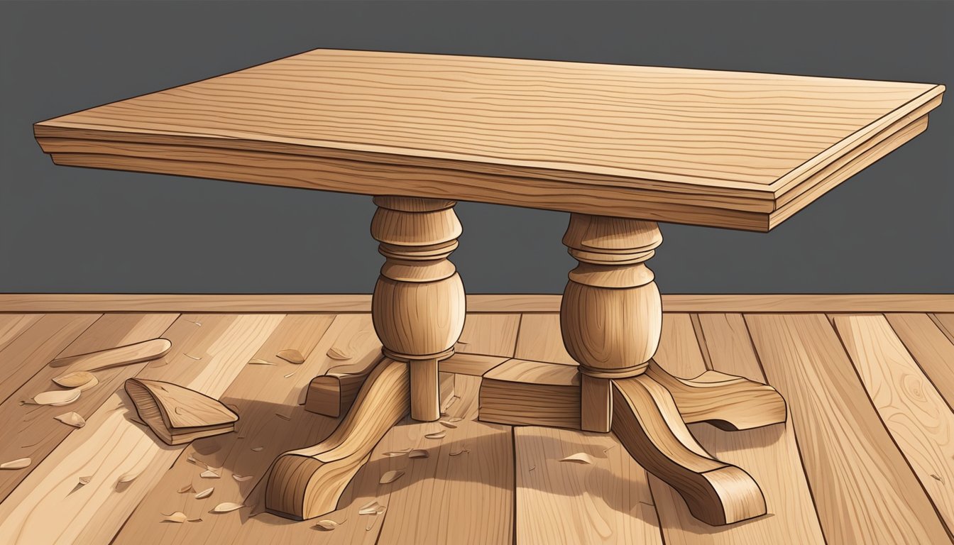 An ash wood table being sanded and polished with care, tools and wood shavings scattered around