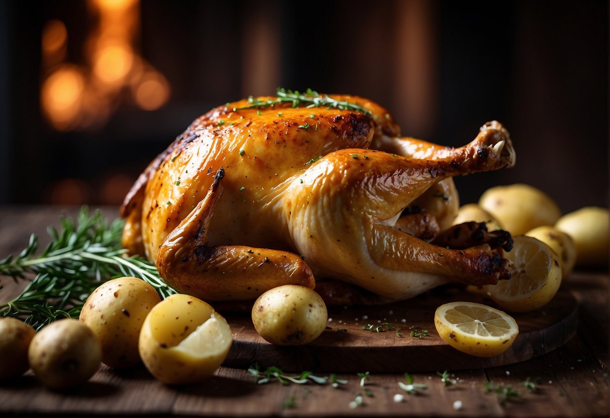 A roasted chicken with potatoes on a rustic wooden table