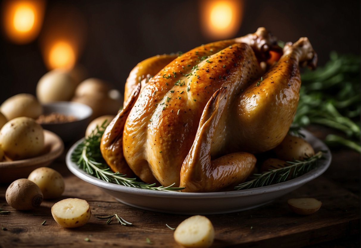 A whole chicken surrounded by halved potatoes, seasoned and ready for roasting