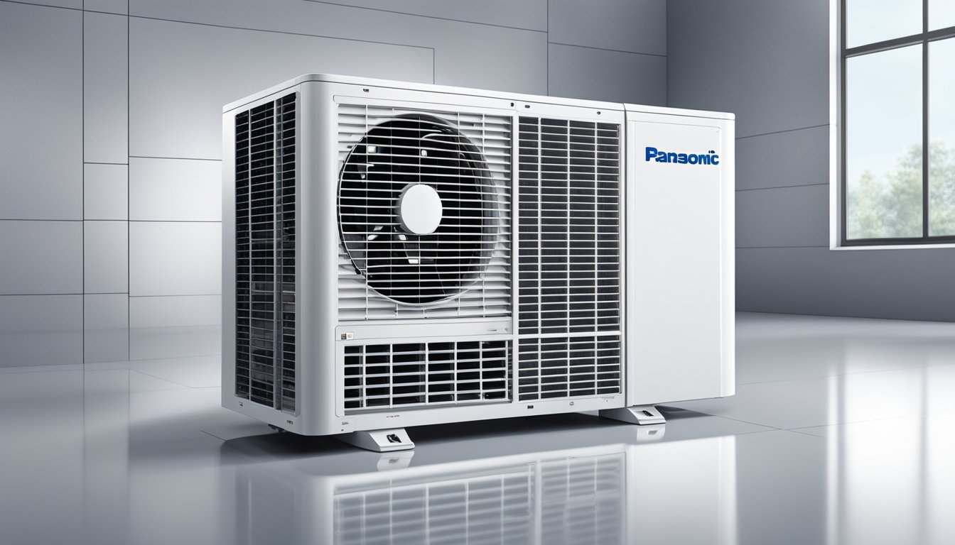 A Panasonic aircon compressor hums quietly as it efficiently cools the surrounding space, with its sleek design and advanced technology on display