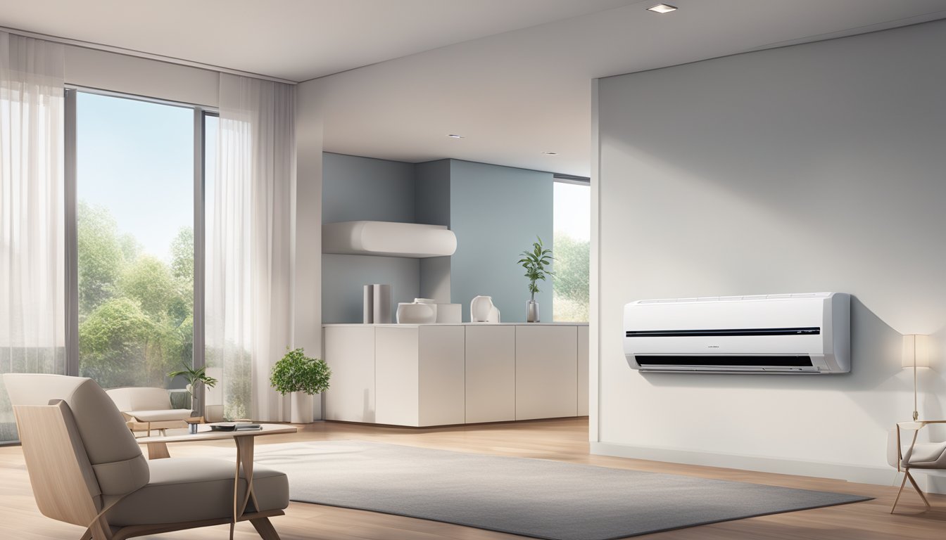 A sleek Mitsubishi inverter aircon unit with advanced features, set against a modern, minimalist interior backdrop