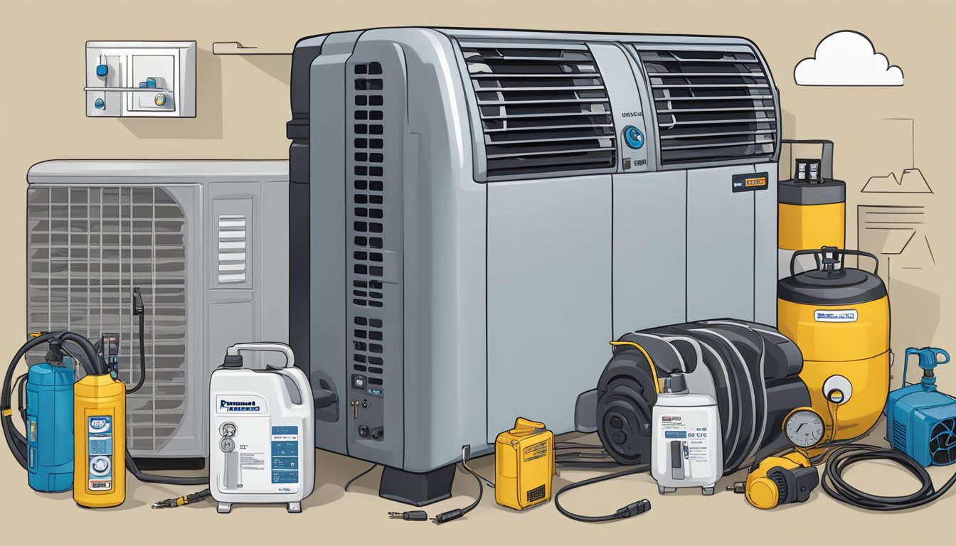 A Panasonic aircon compressor with a "Frequently Asked Questions" label, surrounded by various tools and equipment
