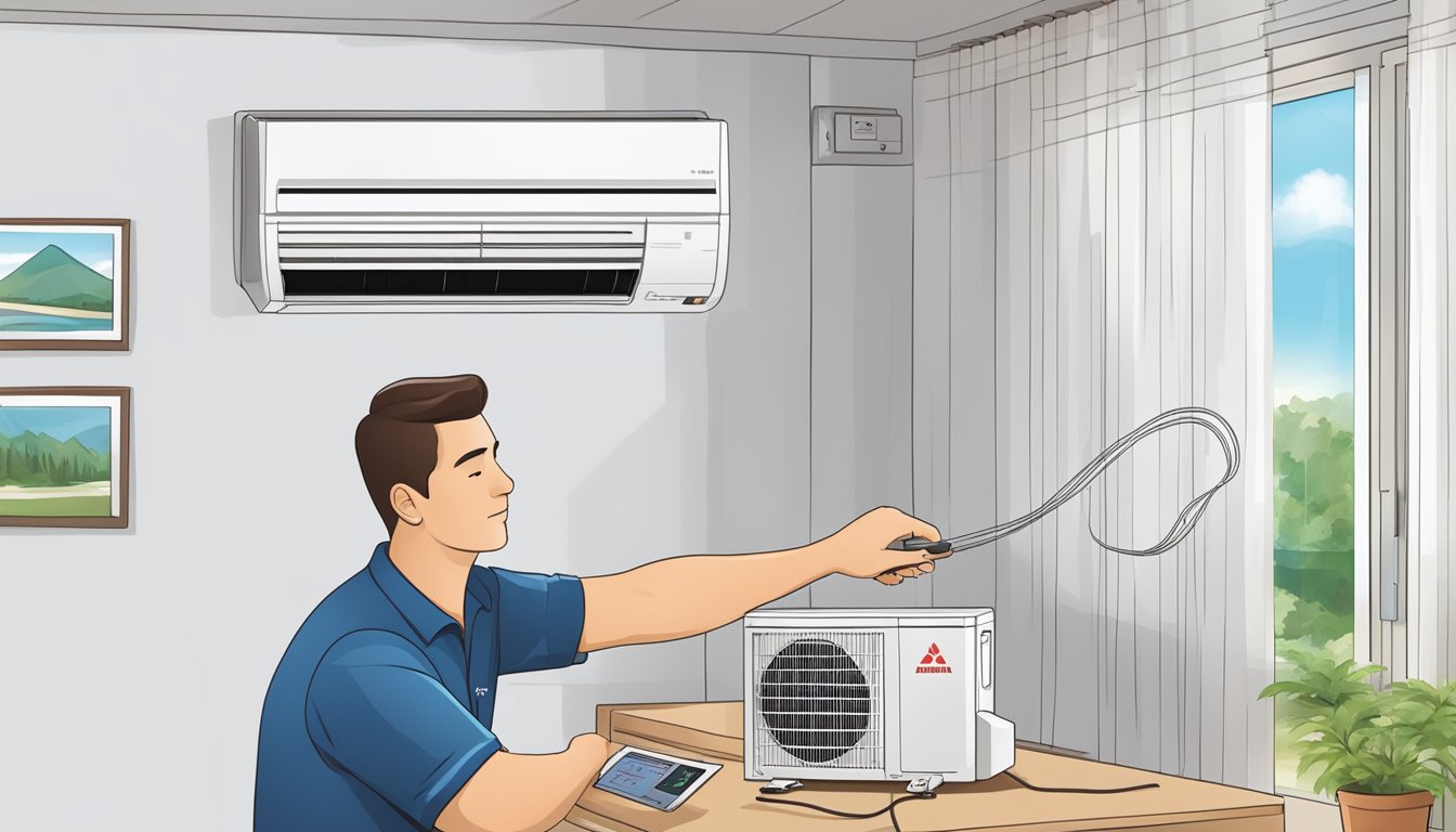 A technician installs a Mitsubishi inverter aircon, connecting wires and adjusting settings for maintenance