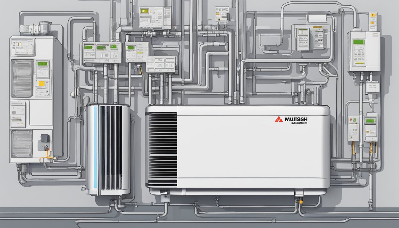 A Mitsubishi inverter aircon surrounded by question marks, with a list of frequently asked questions displayed on a screen