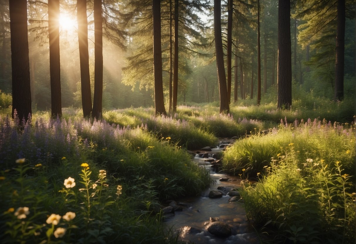 A serene forest clearing with soft sunlight filtering through the trees, surrounded by gentle, flowing streams and colorful wildflowers- Exploring Self-Acceptance for Sensitive People