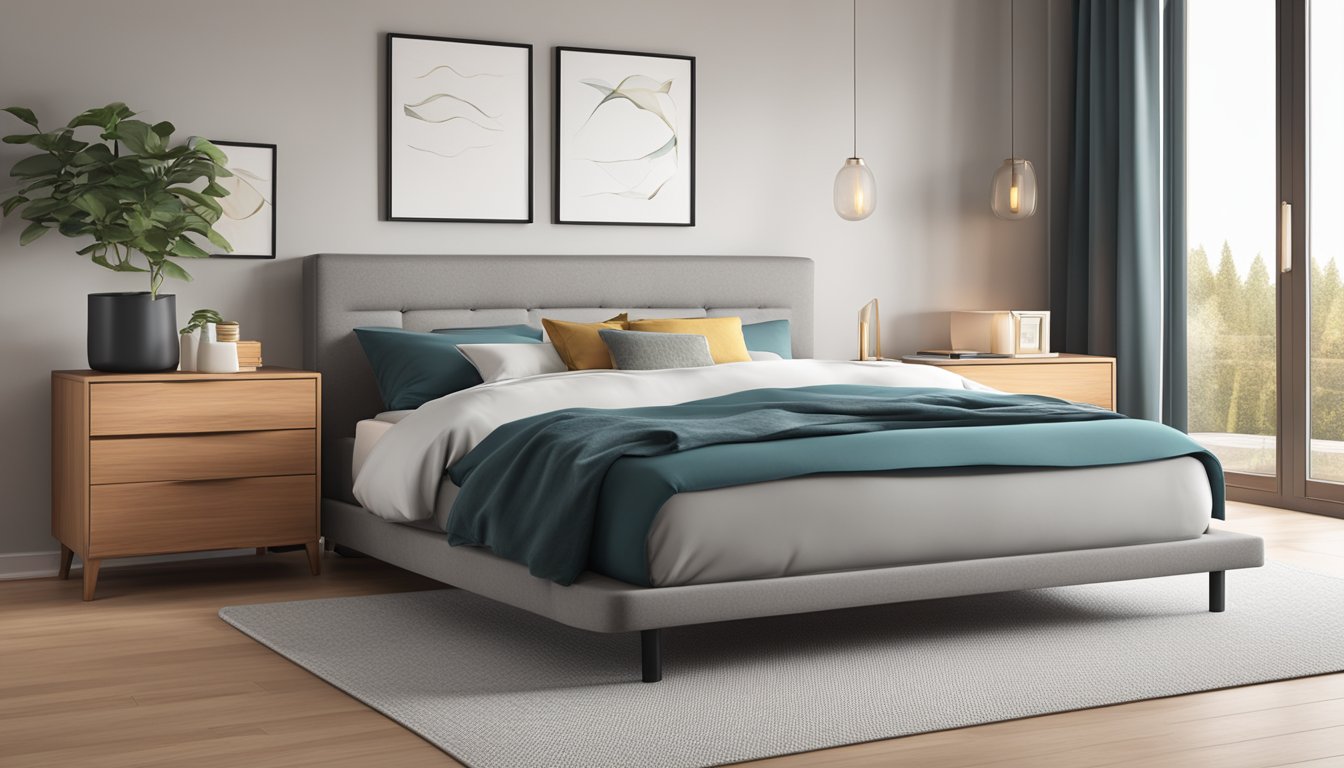 A cozy bedroom with a sleek, modern bed frame and a plush, inviting mattress. The bed frame is sturdy and stylish, while the mattress looks soft and comfortable