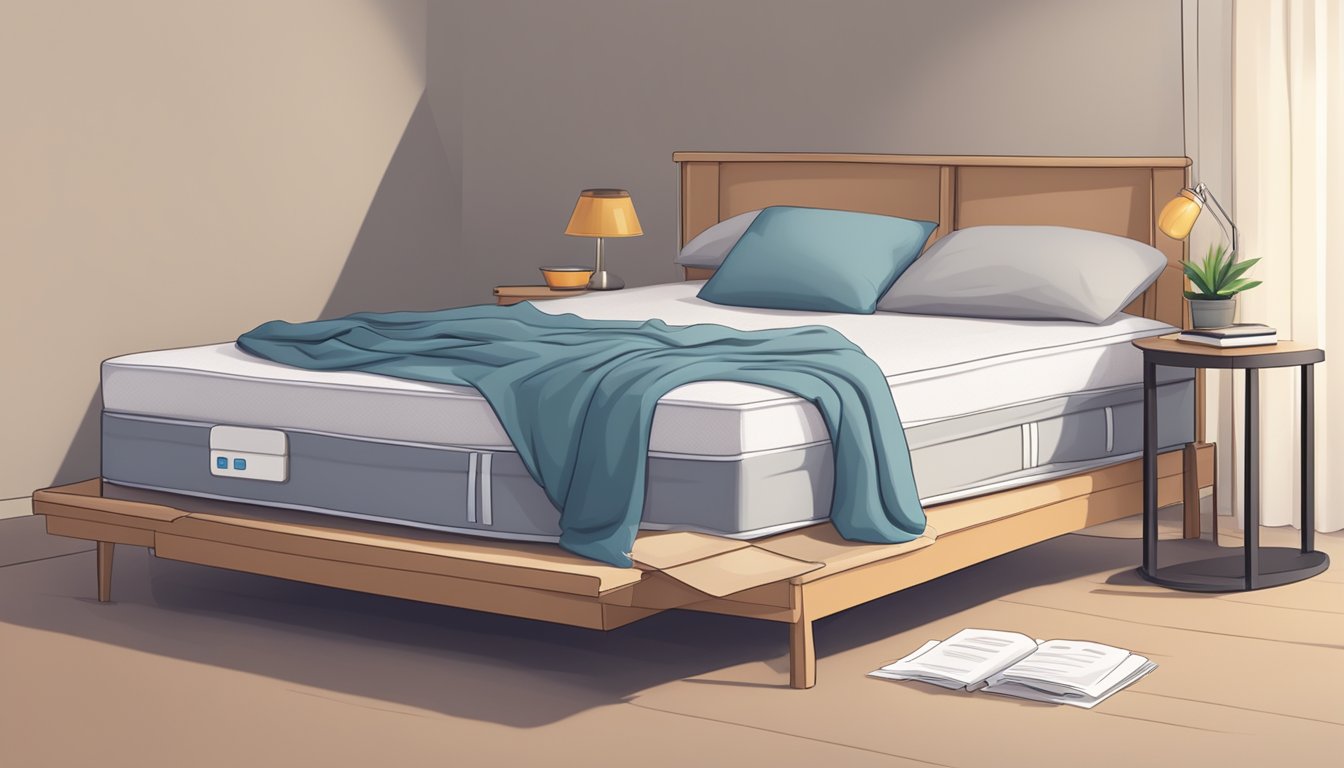 A sturdy bed frame with a comfortable mattress, surrounded by a stack of FAQ sheets and a customer service phone number