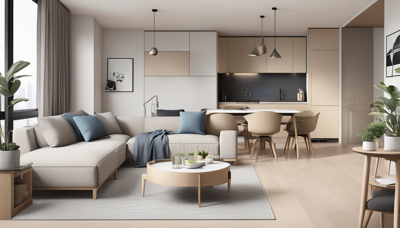 A modern 2-room BTO apartment with sleek, minimalist design. Clean lines, neutral colors, and functional furniture create a cozy yet stylish living space