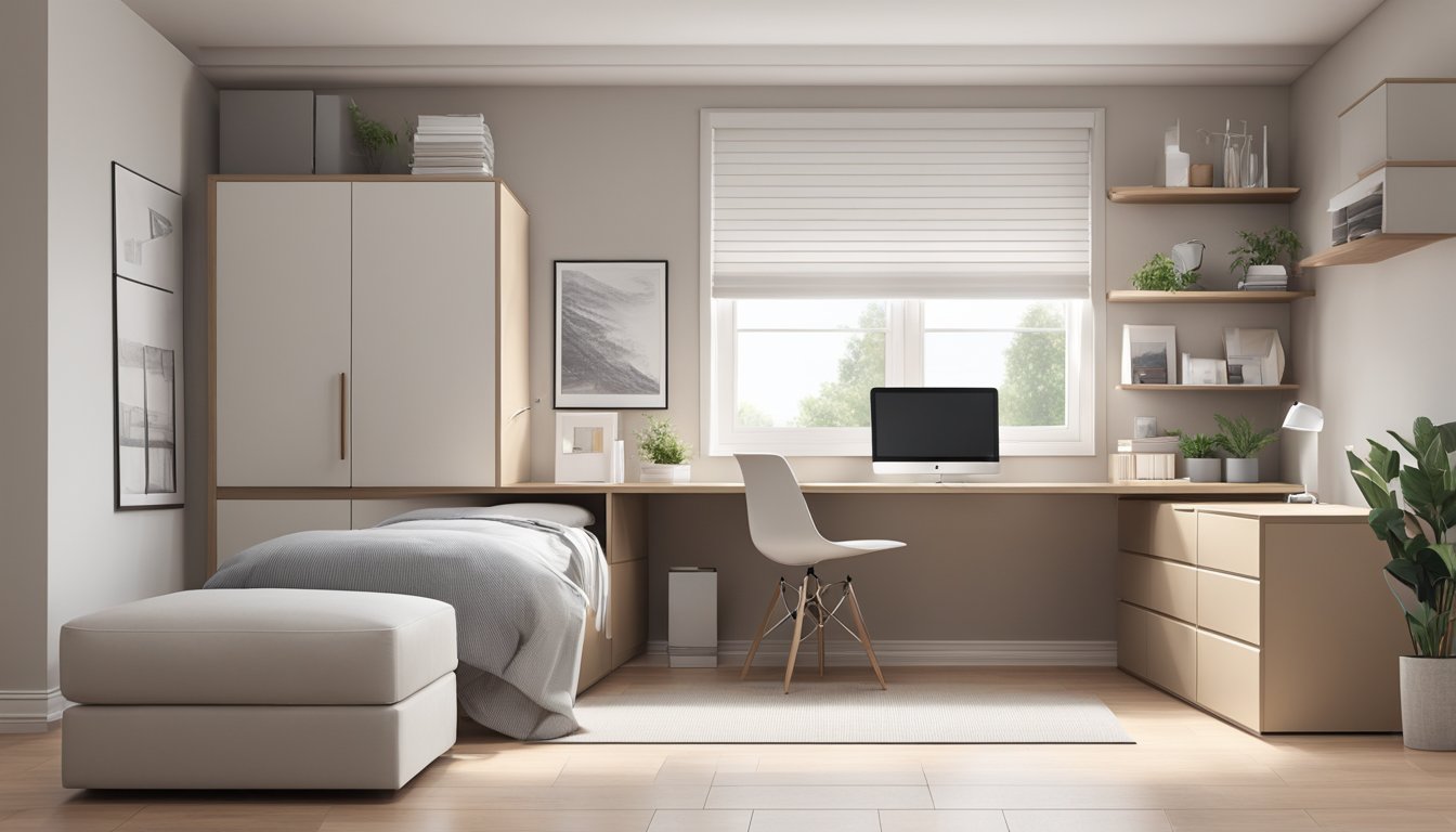 A modern, minimalist room with clean lines and neutral colors. A sleek, functional layout with space-saving furniture and clever storage solutions