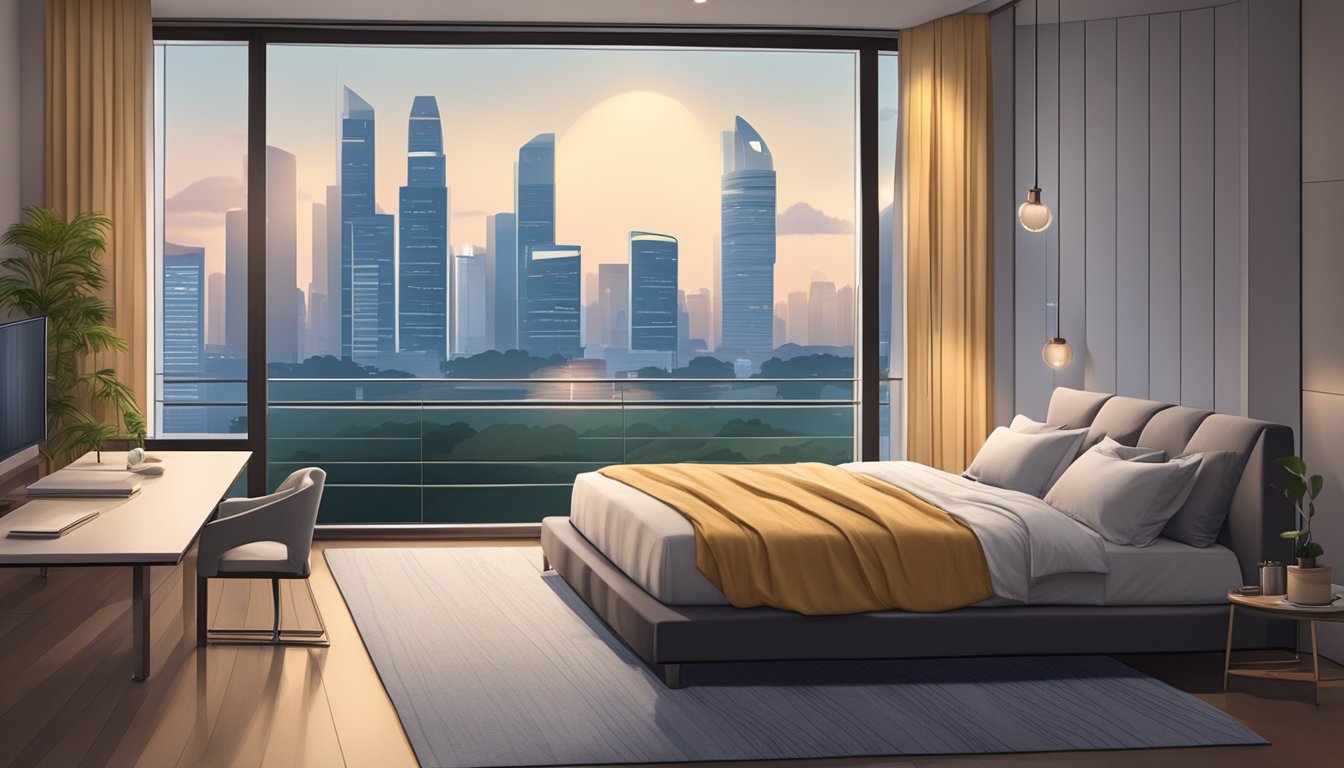 A serene bedroom with a modern, comfortable cooling mattress, set against a backdrop of the Singapore skyline