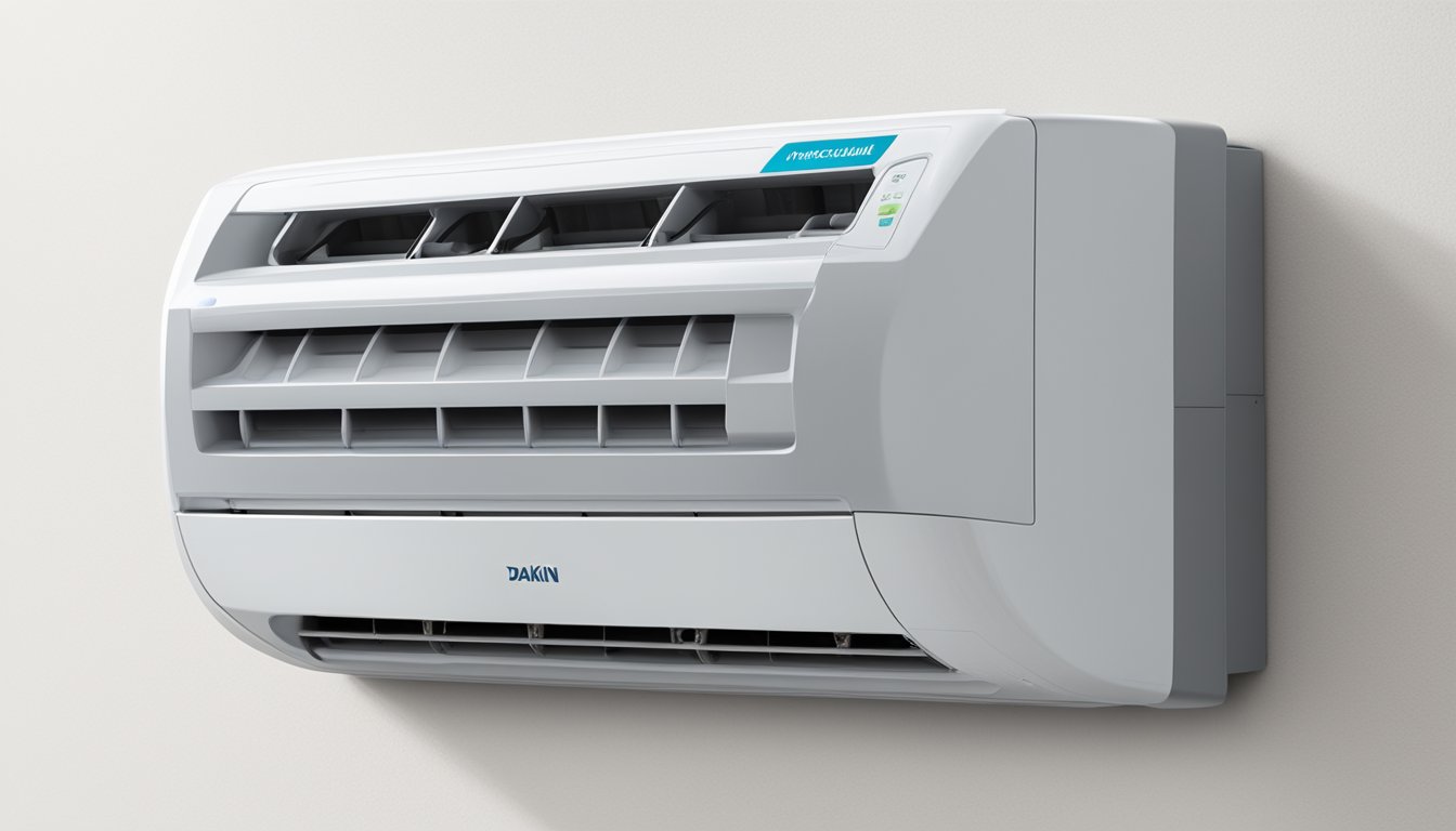 A Daikin air conditioner sits on a clean, white wall with a price tag displayed prominently