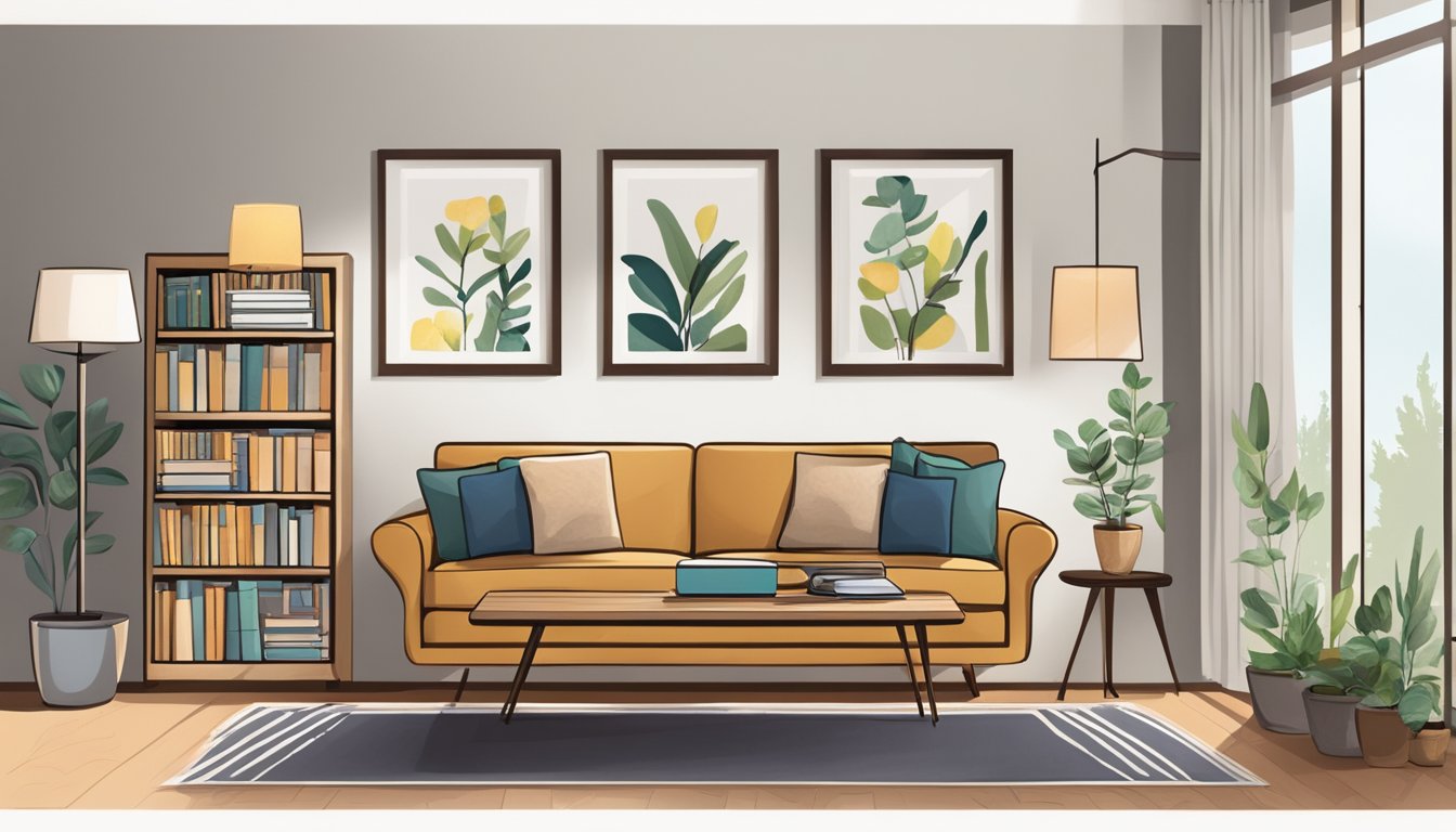 A cozy living room with a modern sofa, coffee table, and bookshelf. A laptop and lamp sit on the table. The walls are adorned with framed art
