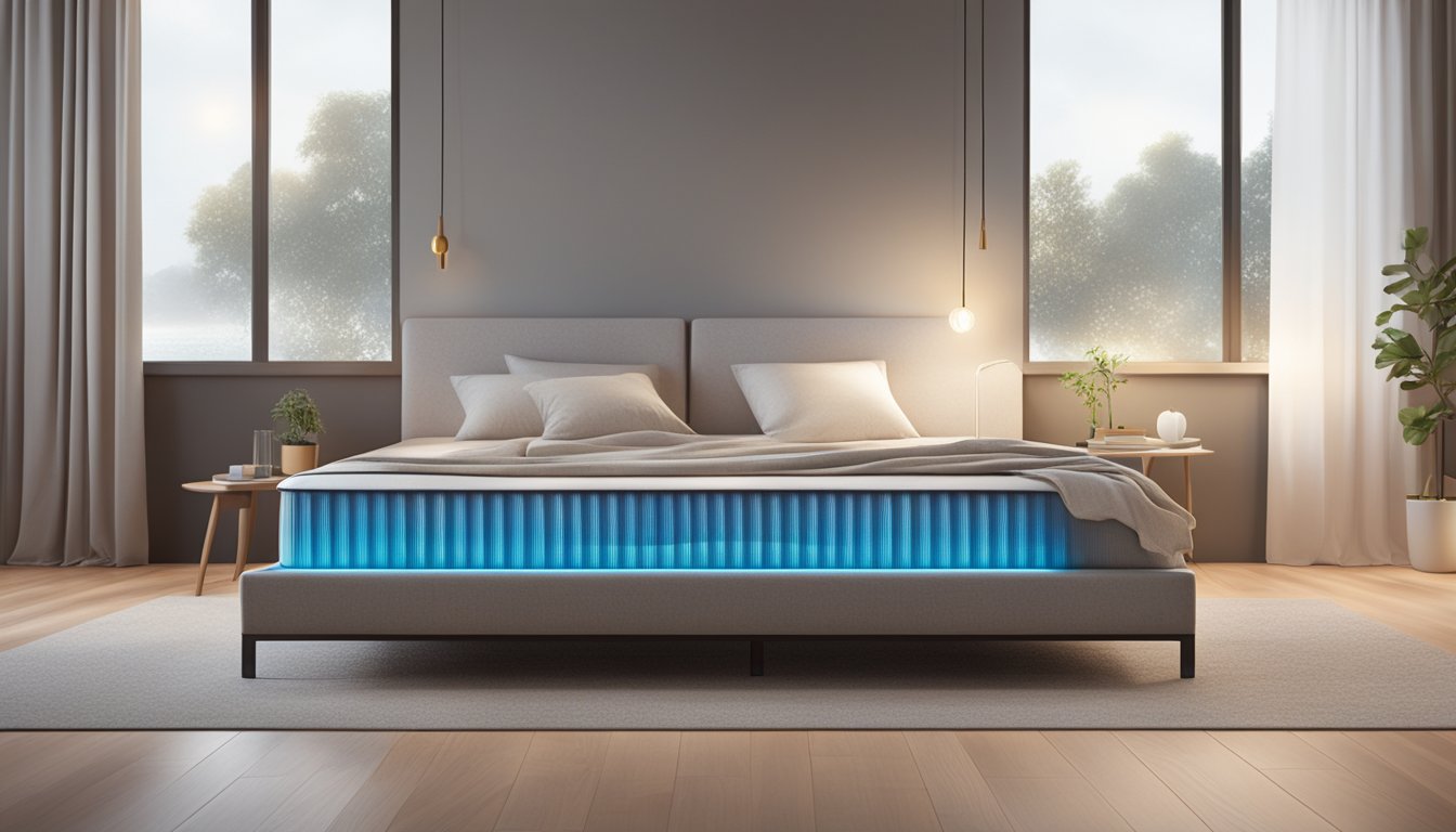 A mattress with cooling technology, surrounded by a serene bedroom setting with soft lighting and a relaxed atmosphere