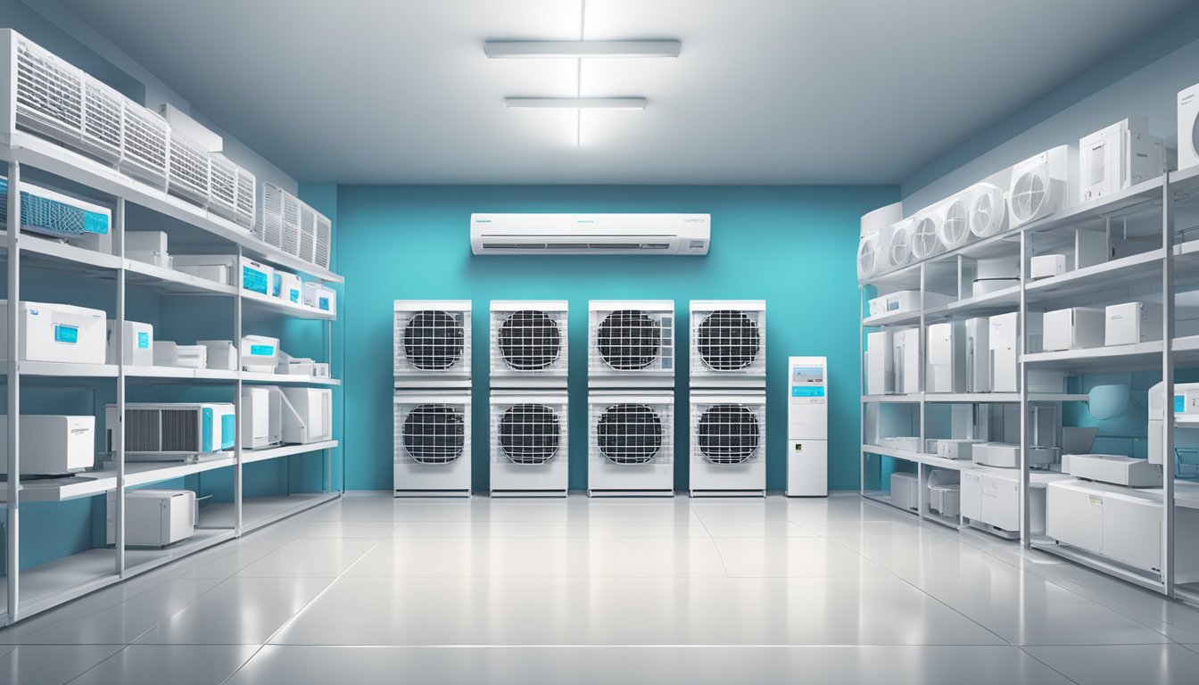 A room with various Daikin air conditioner models displayed on shelves, with price tags visible. Bright lighting highlights the sleek designs and features