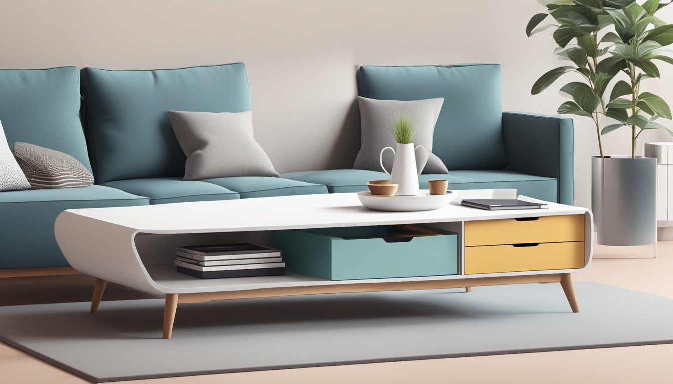 A sleek, modern coffee table with built-in storage compartments, set against a minimalist backdrop