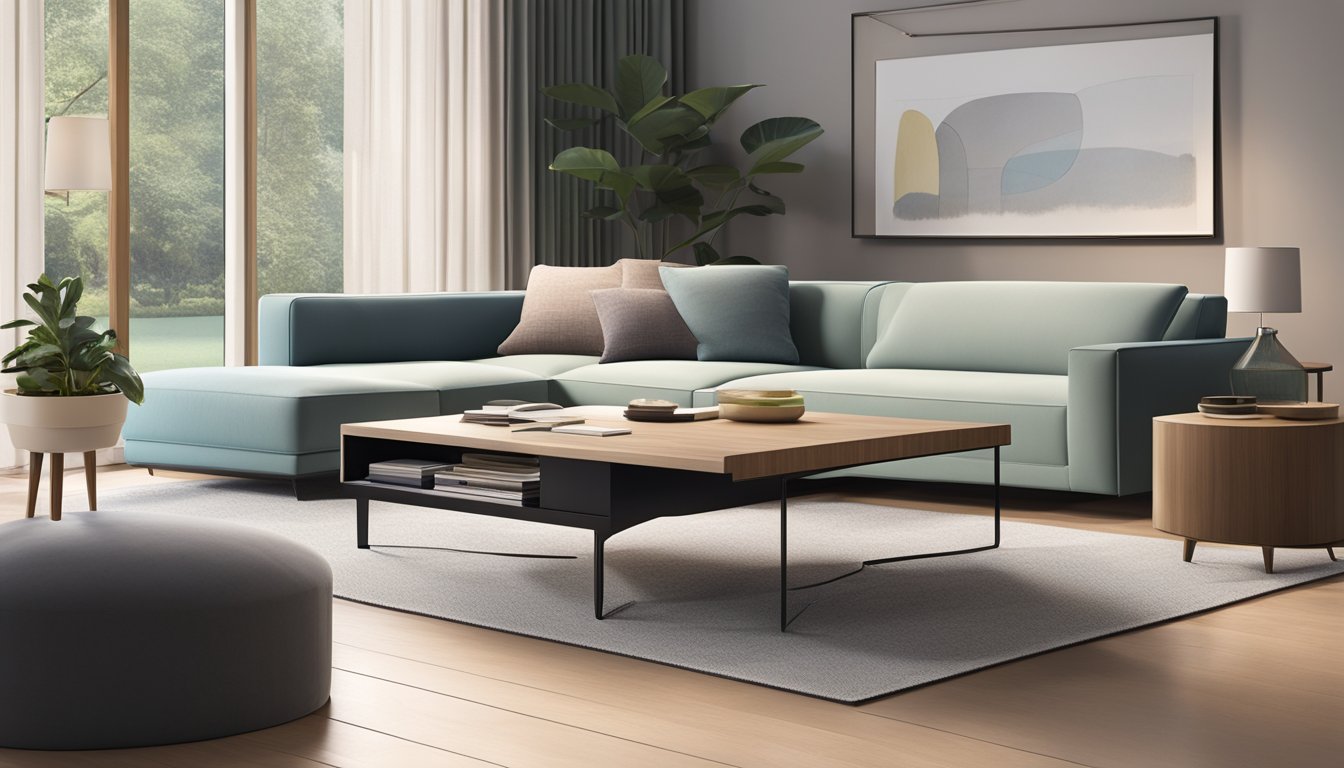 A modern living room with a sleek, low-profile coffee table featuring hidden storage compartments and clean lines. The table is positioned in front of a comfortable sofa, with a rug underneath and a few decorative items on top