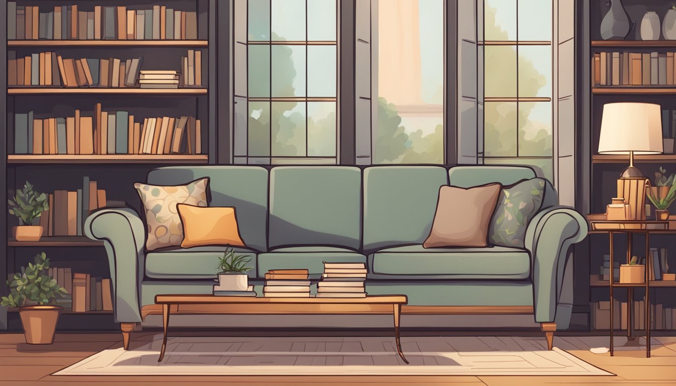 A cozy living room with a plush sofa, elegant coffee table, and stylish floor lamp. A bookshelf filled with books and decorative items completes the scene