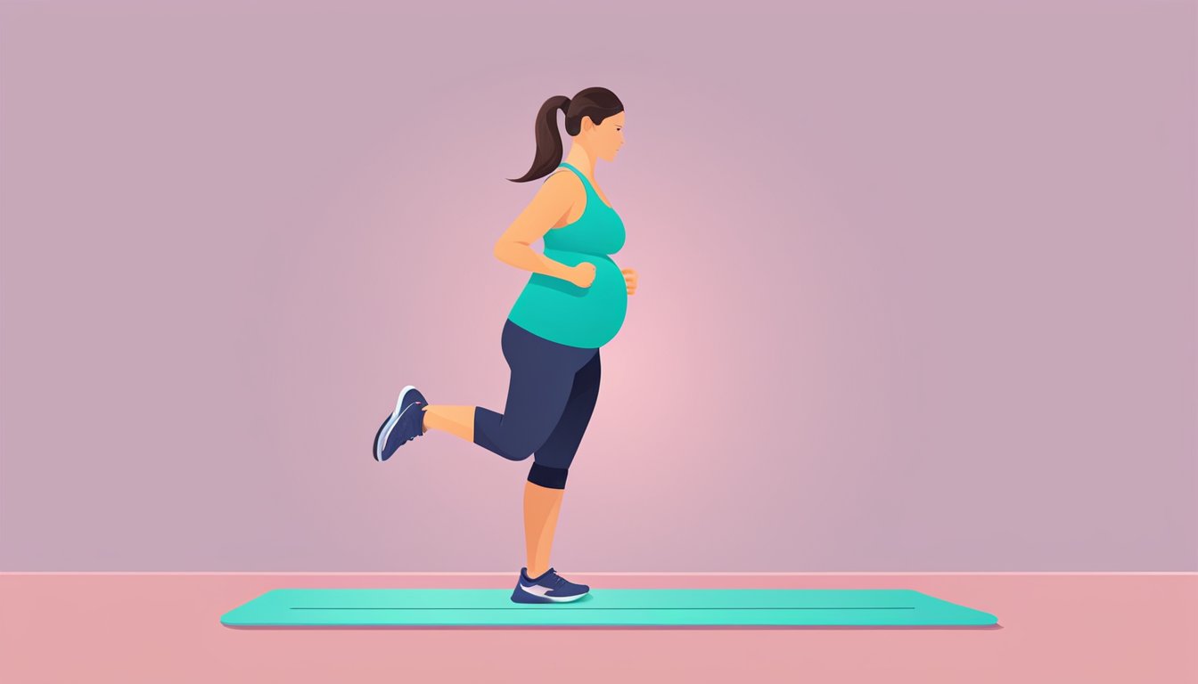 A pregnant woman exercising, heart rate monitor displaying max heart rate