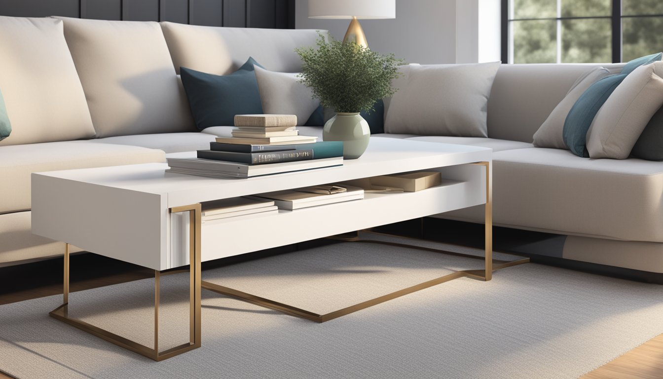 A slim coffee table with storage, featuring a sleek design and clean lines. The table is positioned in a modern living room, with a stack of books and a decorative vase placed on top