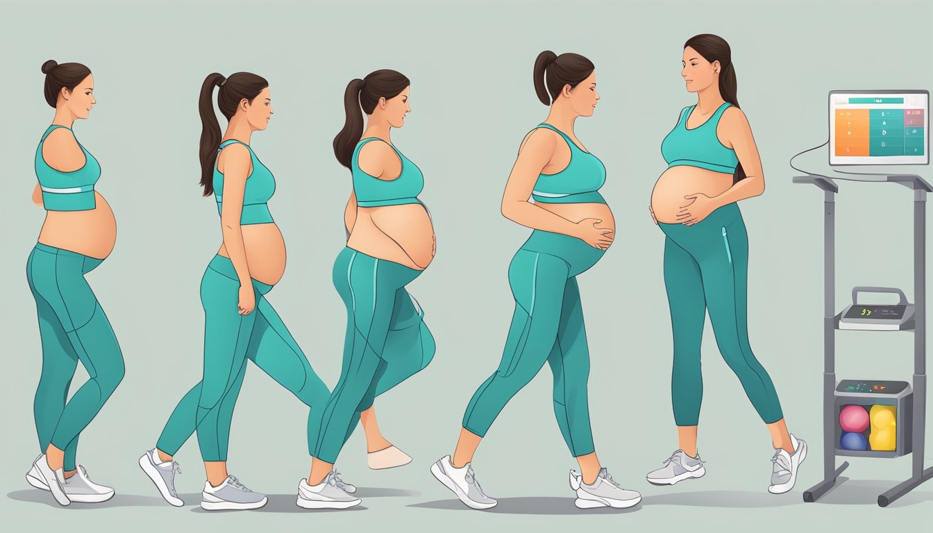 A pregnant woman follows exercise guidelines, monitoring her max heart rate for safety