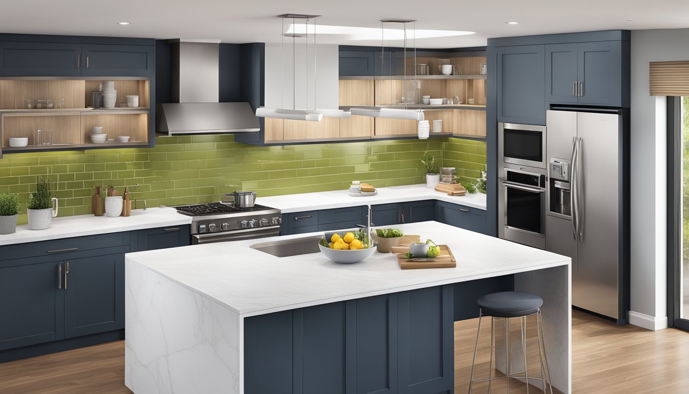 Sleek, modern kitchen with innovative cabinet designs, clean lines, and integrated storage solutions