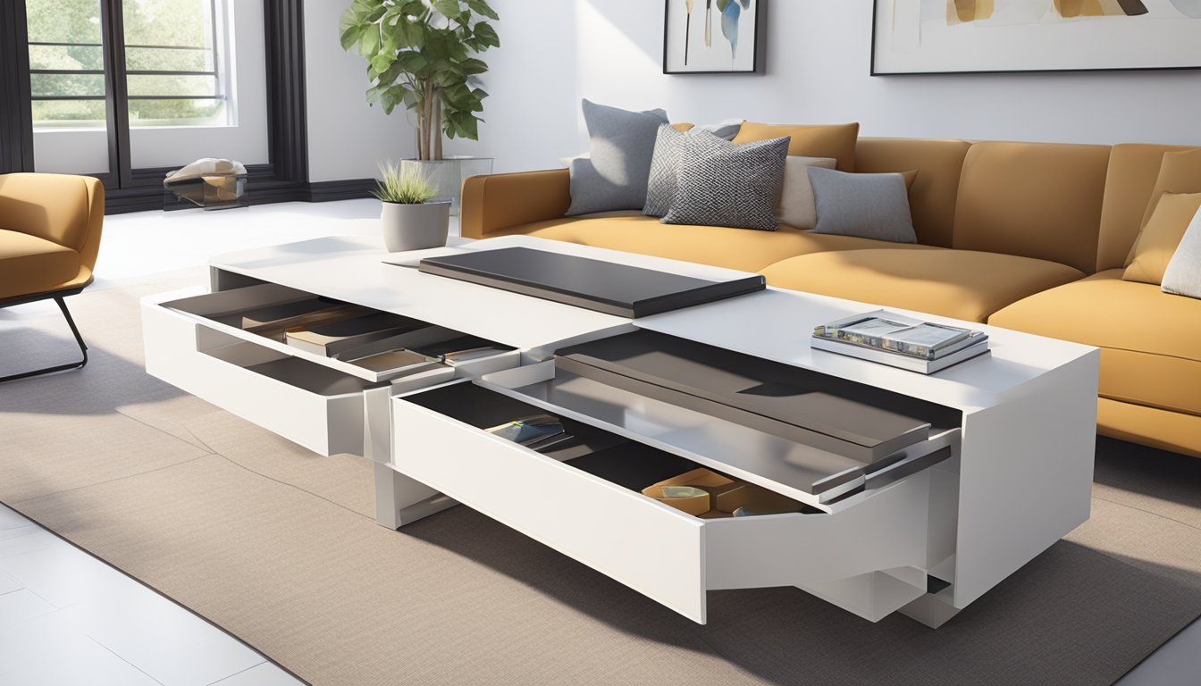 A sleek, modern coffee table with built-in storage compartments. Clean lines and minimalist design