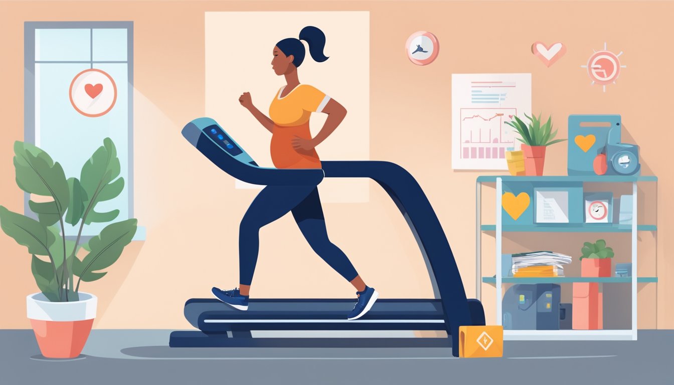 A person running on a treadmill with a heart rate monitor displaying a high number. A pregnant woman nearby, with caution signs and limit symbols around her