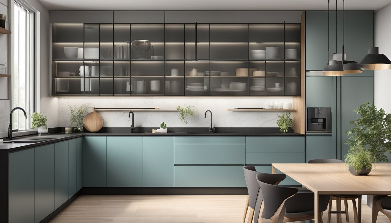 The kitchen cabinet features sleek, modern design with clean lines, integrated handles, and soft-close hinges. The cabinet doors are a mix of glass and wood, allowing for both display and concealed storage