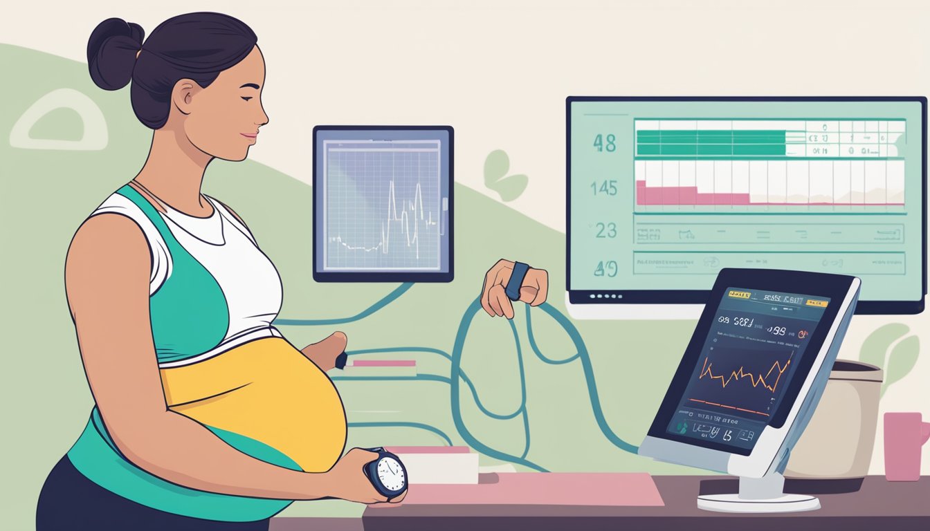 A pregnant woman exercising, checking her heart rate monitor, with a list of frequently asked questions about max heart rate during pregnancy in the background