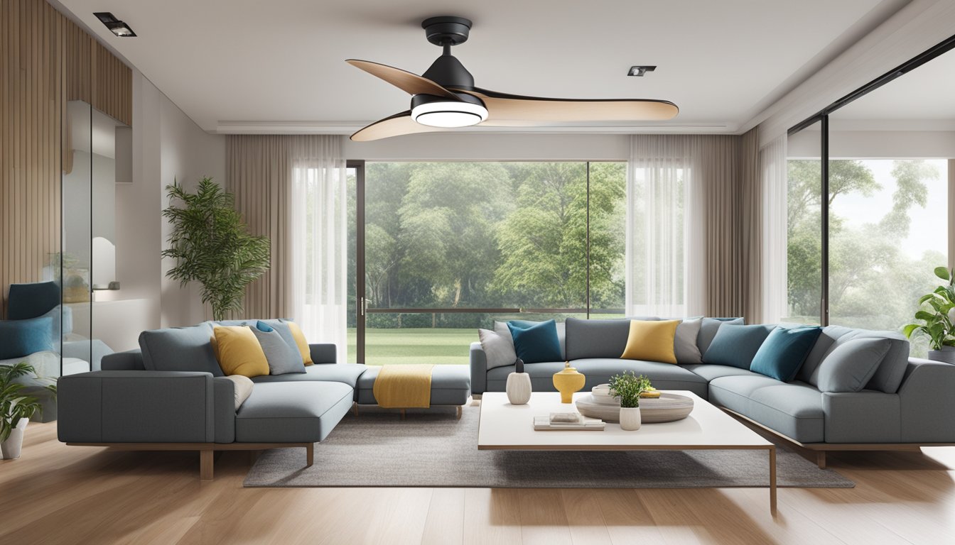A bladeless ceiling fan hovers above a modern living room in Singapore