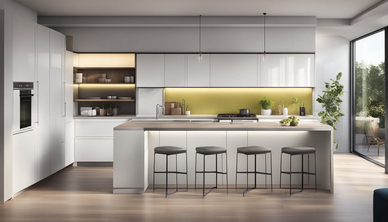 A modern kitchen with sleek, white cabinets and integrated lighting. A mix of open shelving and closed cabinets provide storage options