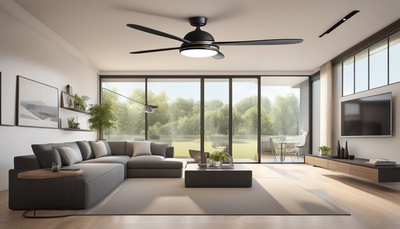 A sleek, modern bladeless ceiling fan suspended from the center of a contemporary living room, with soft ambient lighting highlighting its innovative design